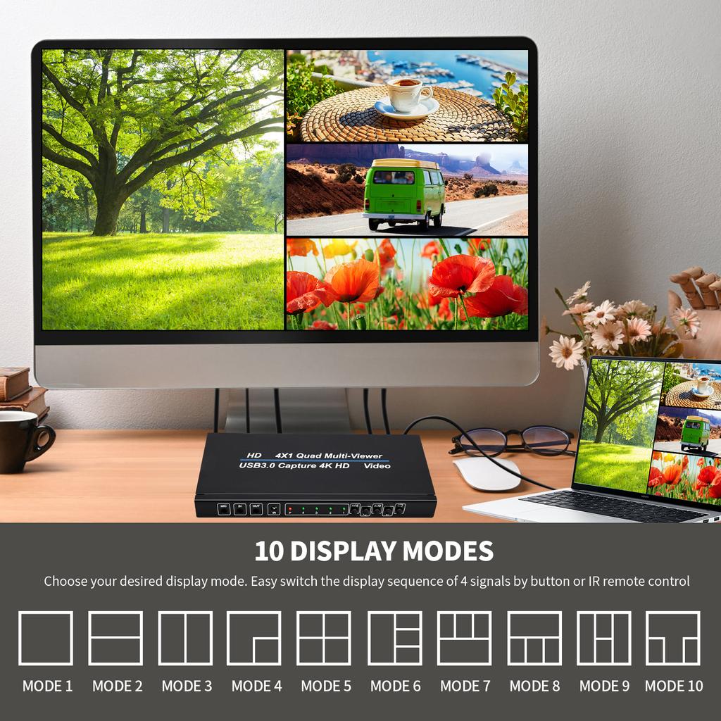 HDTV Screen Splitter 4-in-1-Out USB3.0 Video Capture Card Remote Control With Multifunctional Picture In Picture Live Streaming
