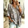 Women's Retro Red Leaf Floral Print Oversized V-neck Pullover, Bat-sleeved Short-sleeved Bohemian Loose Shirt