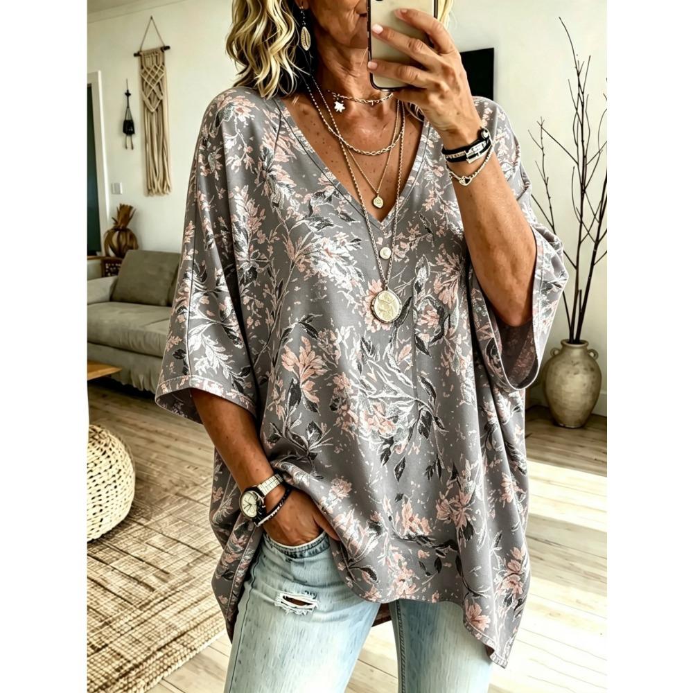 Women's Retro Red Leaf Floral Print Oversized V-neck Pullover, Bat-sleeved Short-sleeved Bohemian Loose Shirt