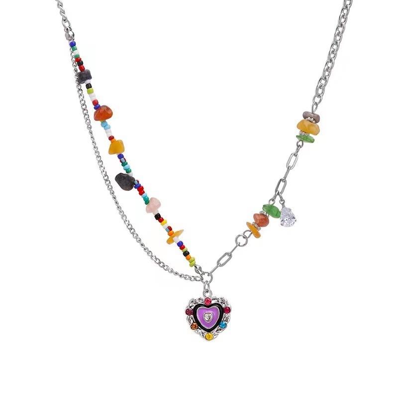Color Beaded Love Flower Zircon Necklace Female Sweet Cool Hot Girl Wind Collarbone Chain Niche Design Accessories