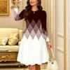 Women Long Sleeve Round Neck Midi Dress Abstract Geometric Floral Plum Blossom Stripe Dot Print Flared Dress