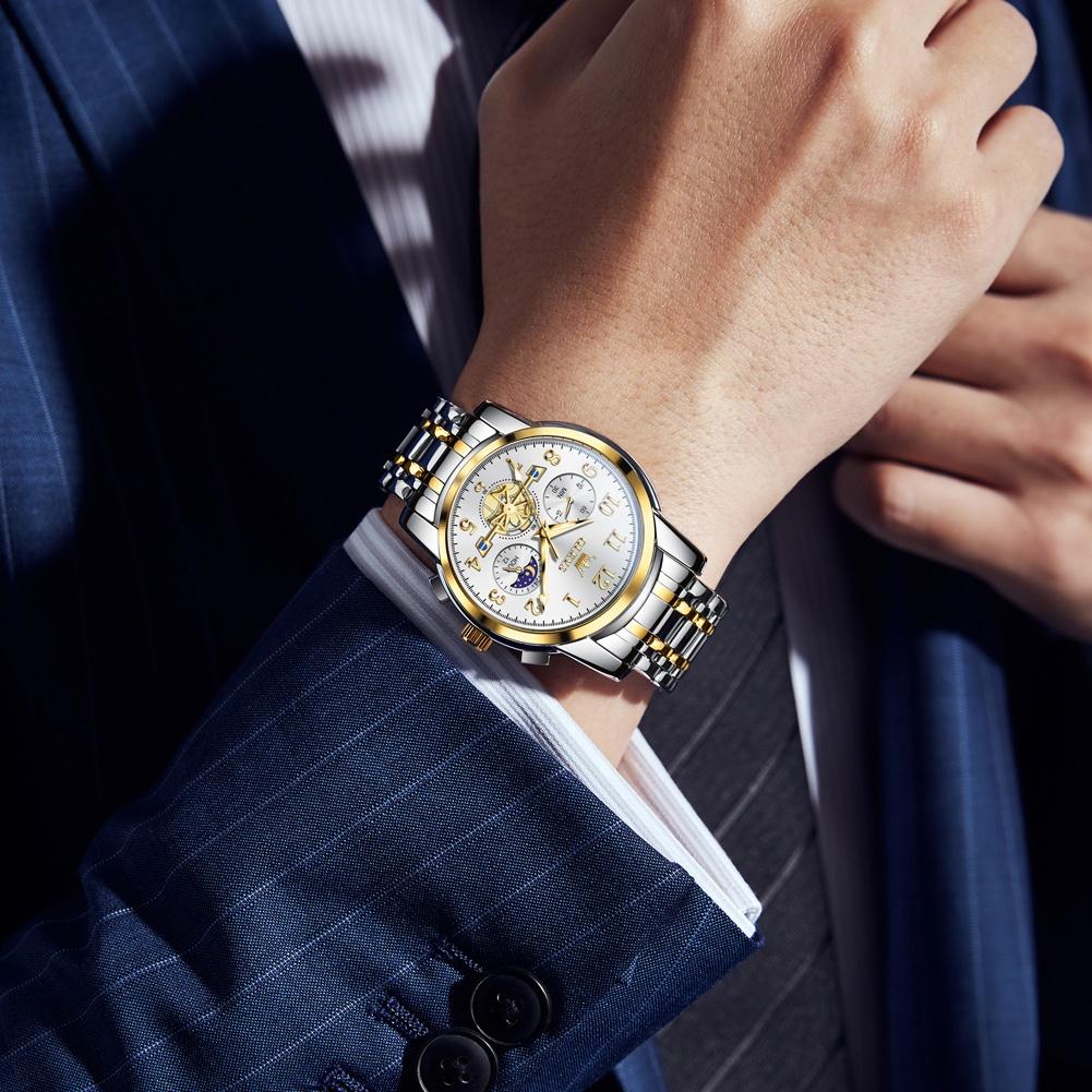 OLEVS Fashion Business Mens Wristwatches Gold Clock Male Stainless Steel Waterproof Calendar Quartz Watches