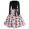 Halloween Print Flare Dress For Women Long Sleeve Dress Hollow Party Casual Dresses