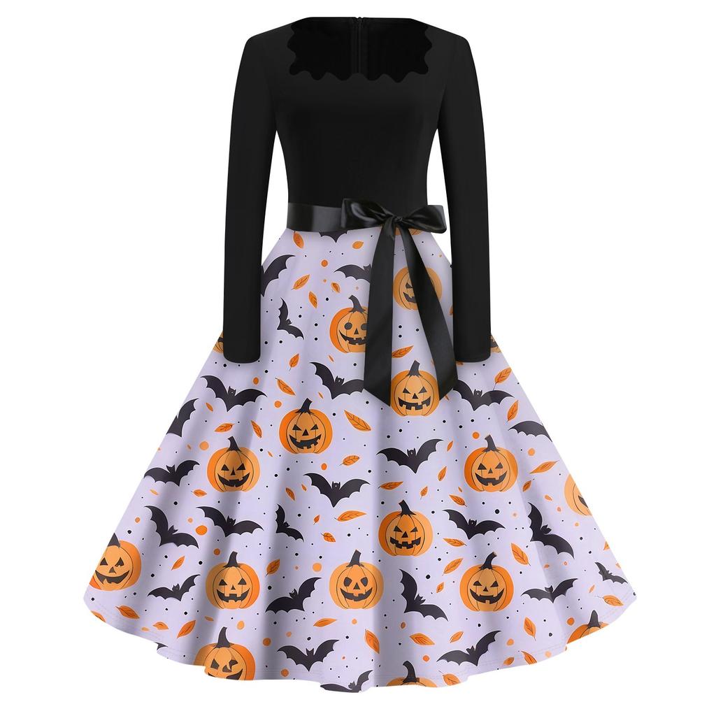 Halloween Print Flare Dress For Women Long Sleeve Dress Hollow Party Casual Dresses