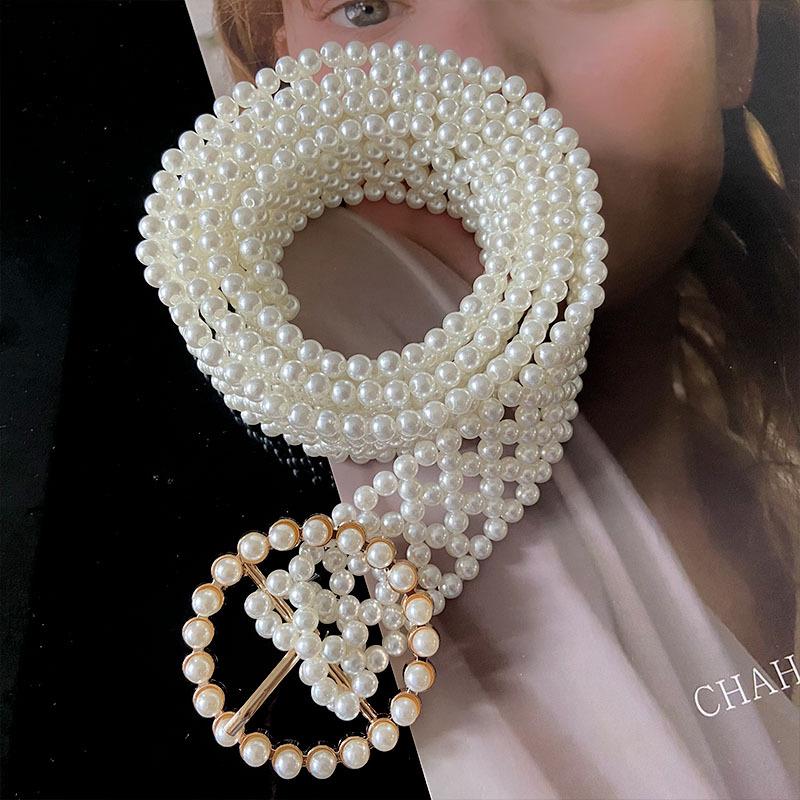 

Жемчужный женский пояс Эластичная бисерная цепочка на талию Женский, Простой пояс с квадратной пряжкой, инкрустированный стразами, Модный 105cm