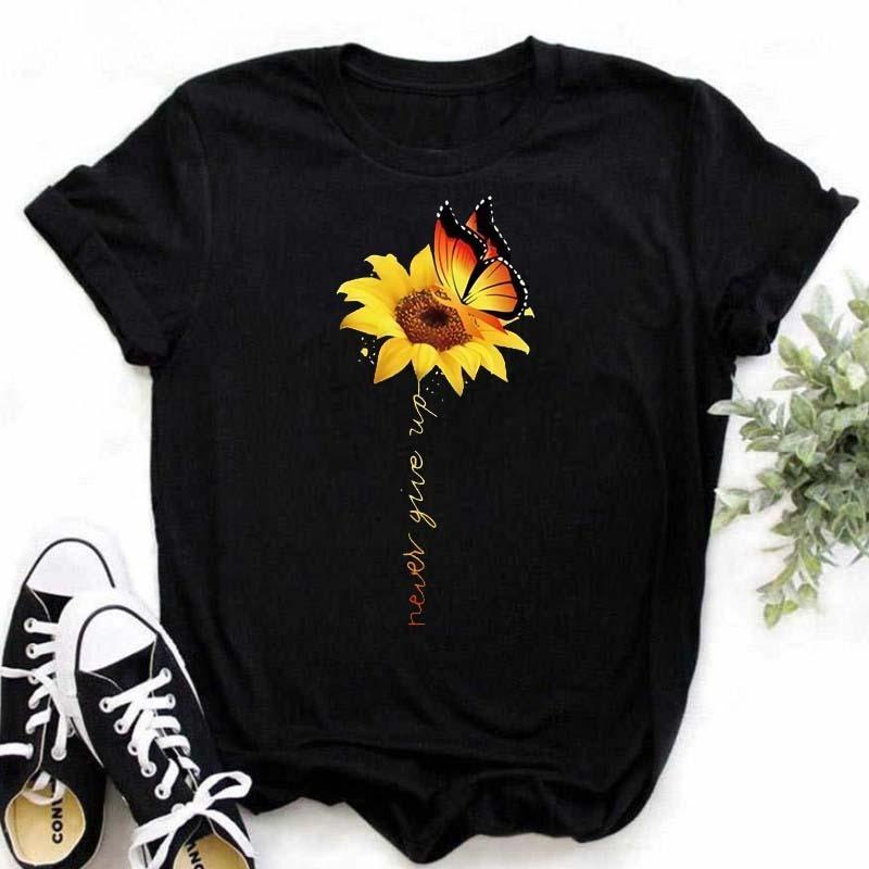 Women's T-shirt Casual Kawaii Sunflower Butterfly Pattern Print Tshirt Comfortable Casual Women's Clothing