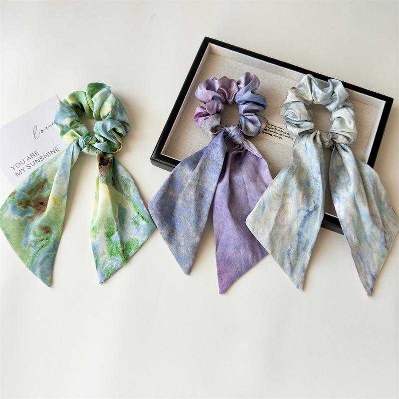 New Style Artistic Oil Painting Ribbon Hairband for Women, Elegant Design, Low Ponytail Elastic Hairstring