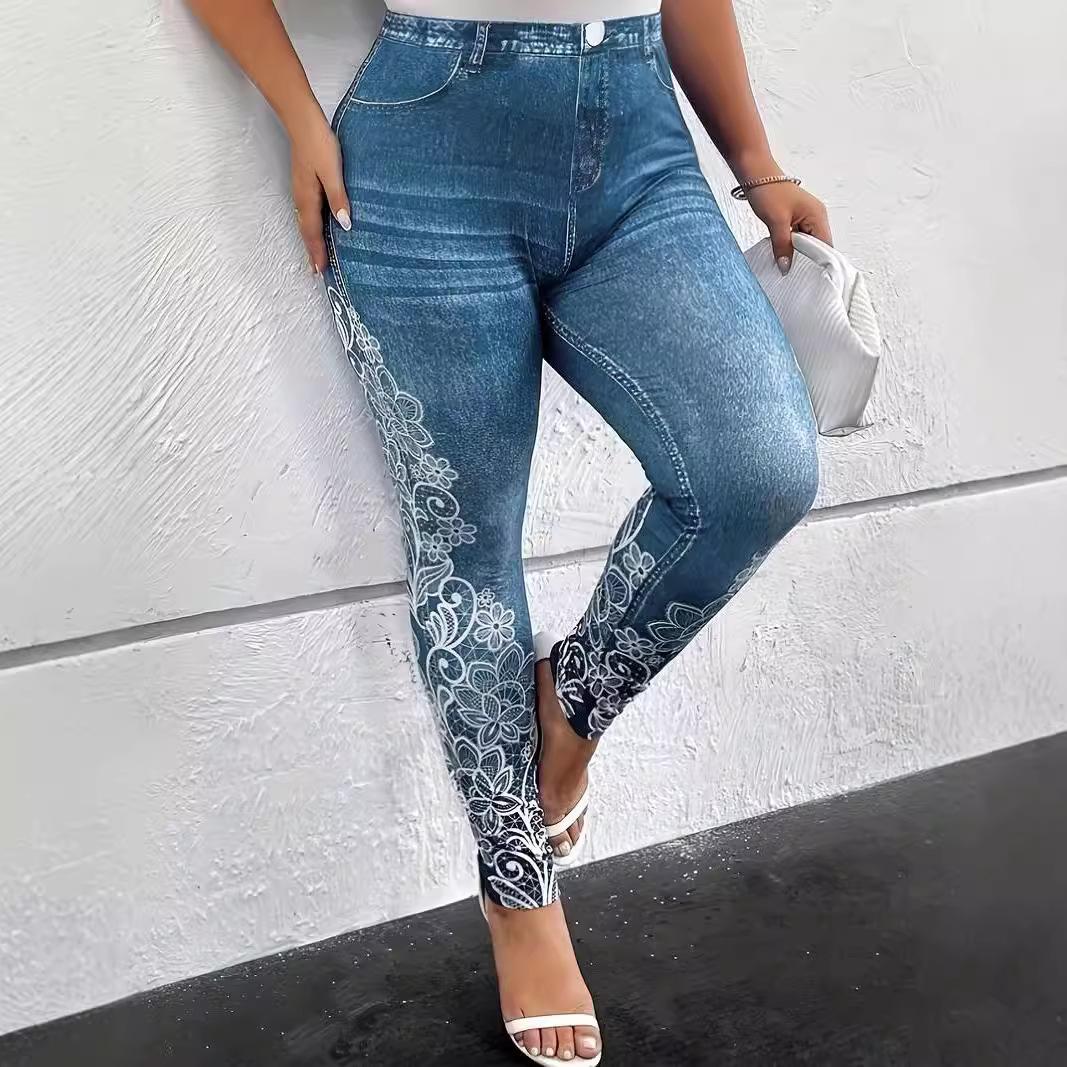 

Женские обтягивающие брюки с цветочным принтом больших размеров 4XL синий