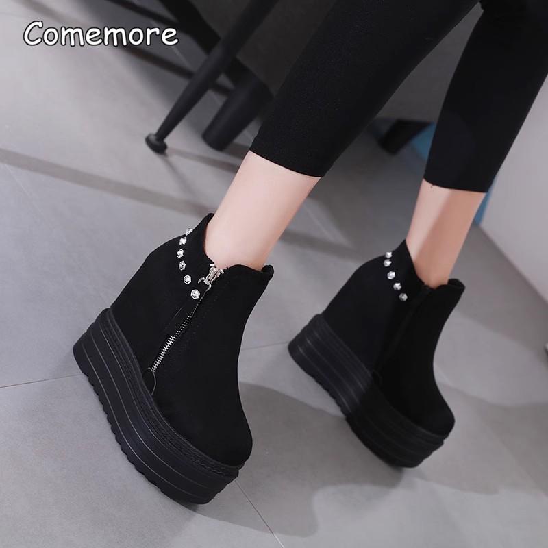 Bocanci cu toc înalt pană 13CM Platformă Talpă groasă Nituri Modă Pantofi de damă Alungire Tălpii Bocanci negri pentru stil Gotik