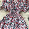 Women Summer Spring Short Sleeve Flower Print V-neck Casual A-Line Ankle-Length High Waist Dress