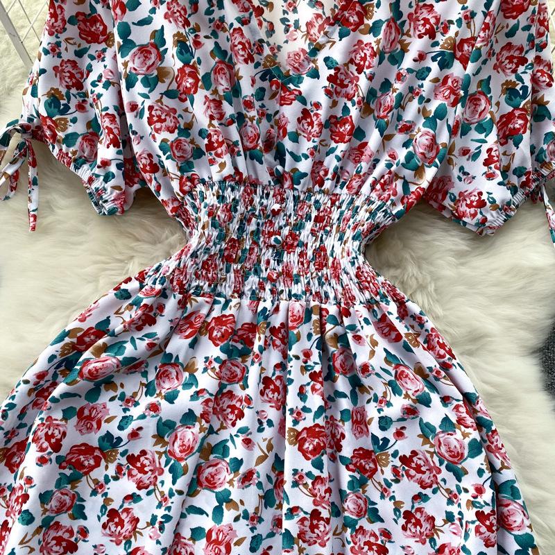 Women Summer Spring Short Sleeve Flower Print V-neck Casual A-Line Ankle-Length High Waist Dress