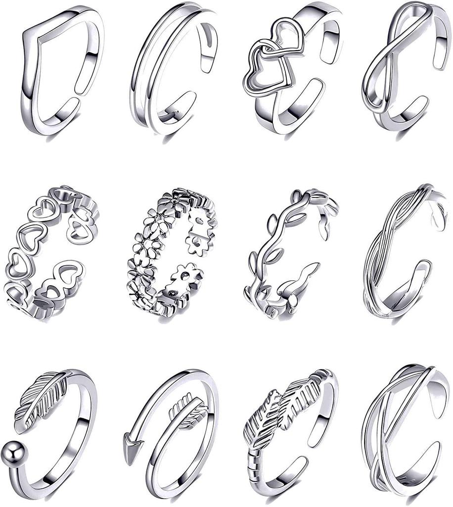 12-Piece Adjustable Toe Ring Set: Floral & Arrow Design with Open Tail Rings for Beachwear