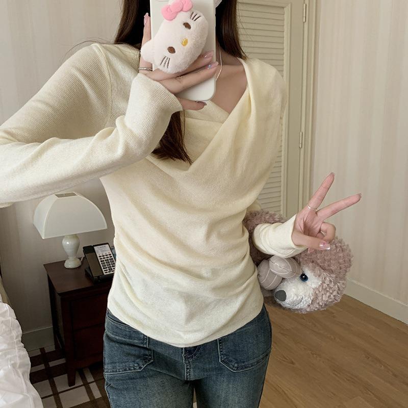 French Swing Collar Long Sleeve Bottoming Sweater Women's Autumn Side Pleated Waist Diagonal Shoulder Sweet Spicy Inner Top