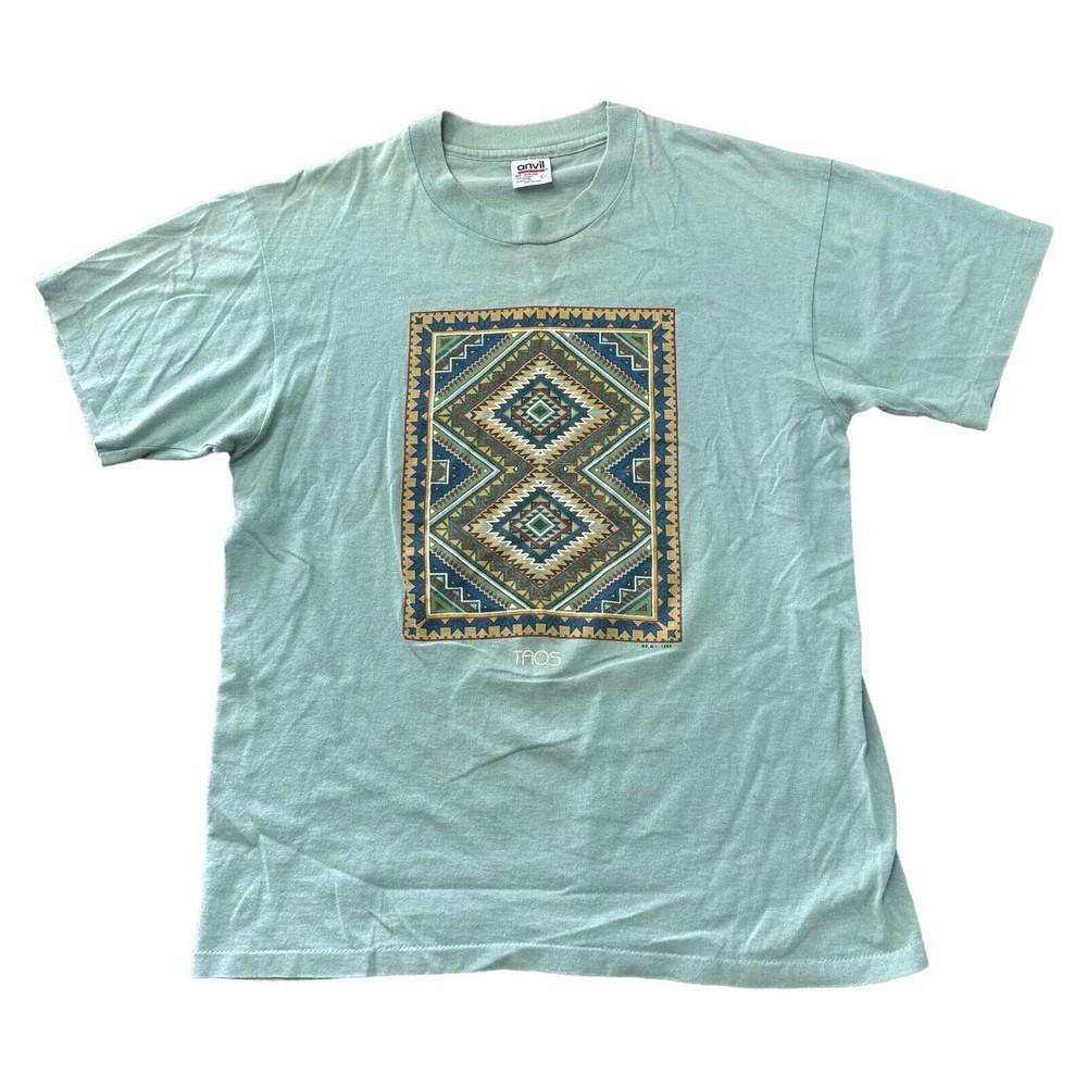 Vintage Taos Single Stitch T-shirt 90s Graphic Print USA Green Mens