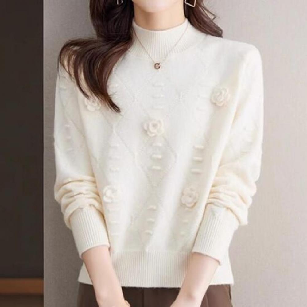 Navava Women Solid Rose Point Mock Neck Long Sleeve Knit Sweater Nk3491