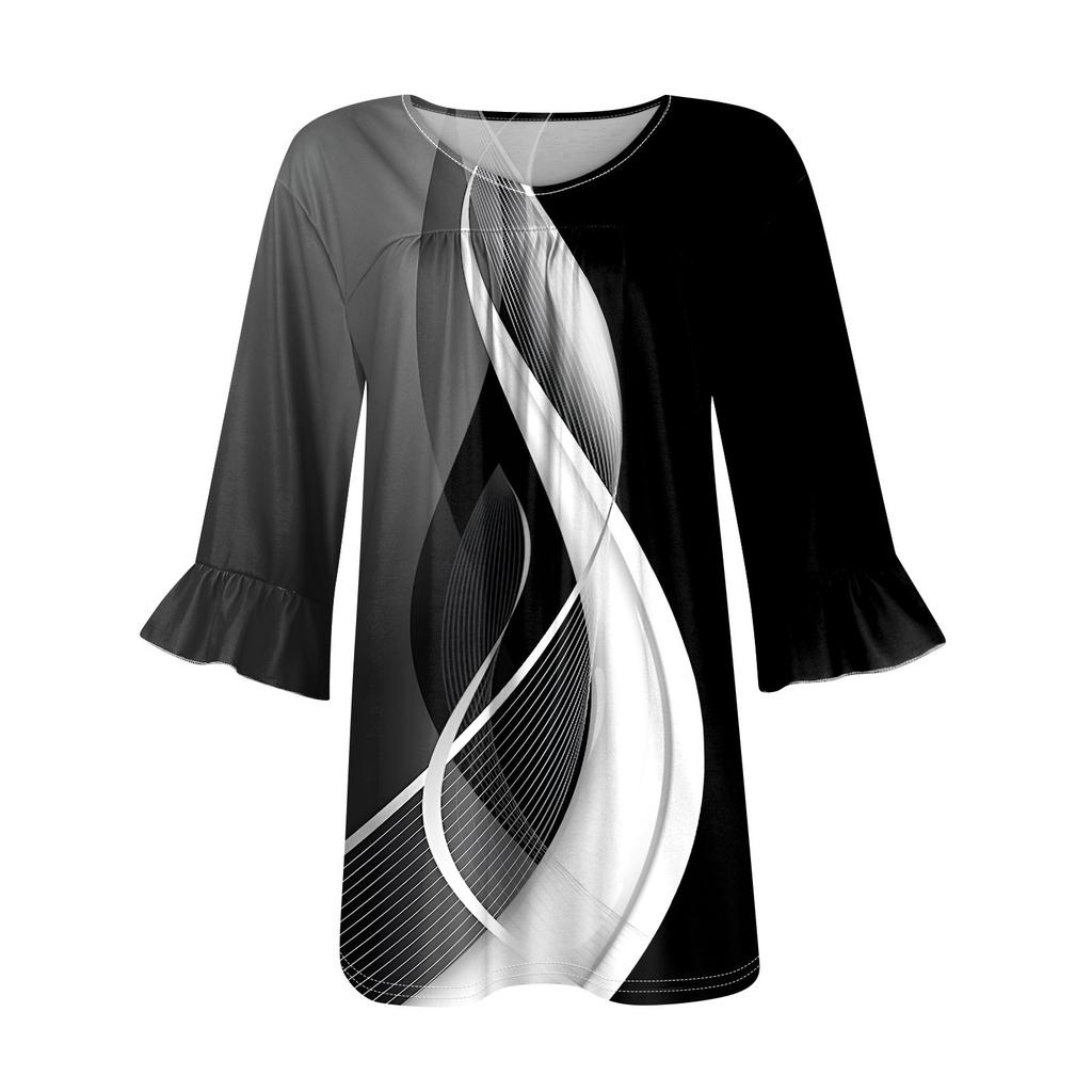 Women's Fashion Casual  Printed V-Neck Pleated Seven Minute Sleeve Ruffle Sleeve T-Shirt Plus Size Tops