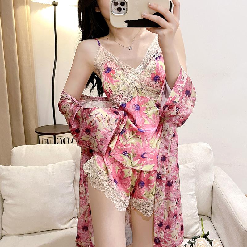 New women's summer ice silk pajamas sexy chest pads spring and autumn suspenders Internet celebrity shorts two-piece loungewear set