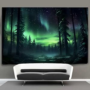 Nordlicht Wald Wandteppich 80x60 Zoll Aurora Borealis Nebelkiefern Trippy Wandteppich Ästhetische Wandkunst Meditationsdeko