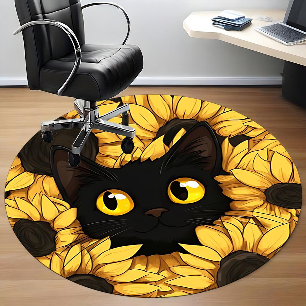 1pc Black Cat Sunflower Chair Carpet for Office, Round Polyester Mat, Indoor Decor for Office, Washable Non-slip Carpet yy251219133