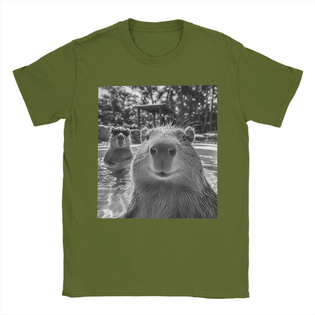 Novelty Cool Capybara Selfie T-Shirts for Men O Neck 100% Cotton T Shirt Short Sleeve Tees Gift Idea Tops