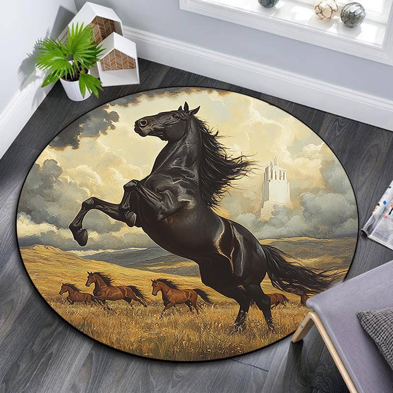 Black Horse Round Area Rug,Carpet Rug for Living Room Bedroom Sofa Playroom Decor,Non-slip Floor Mat