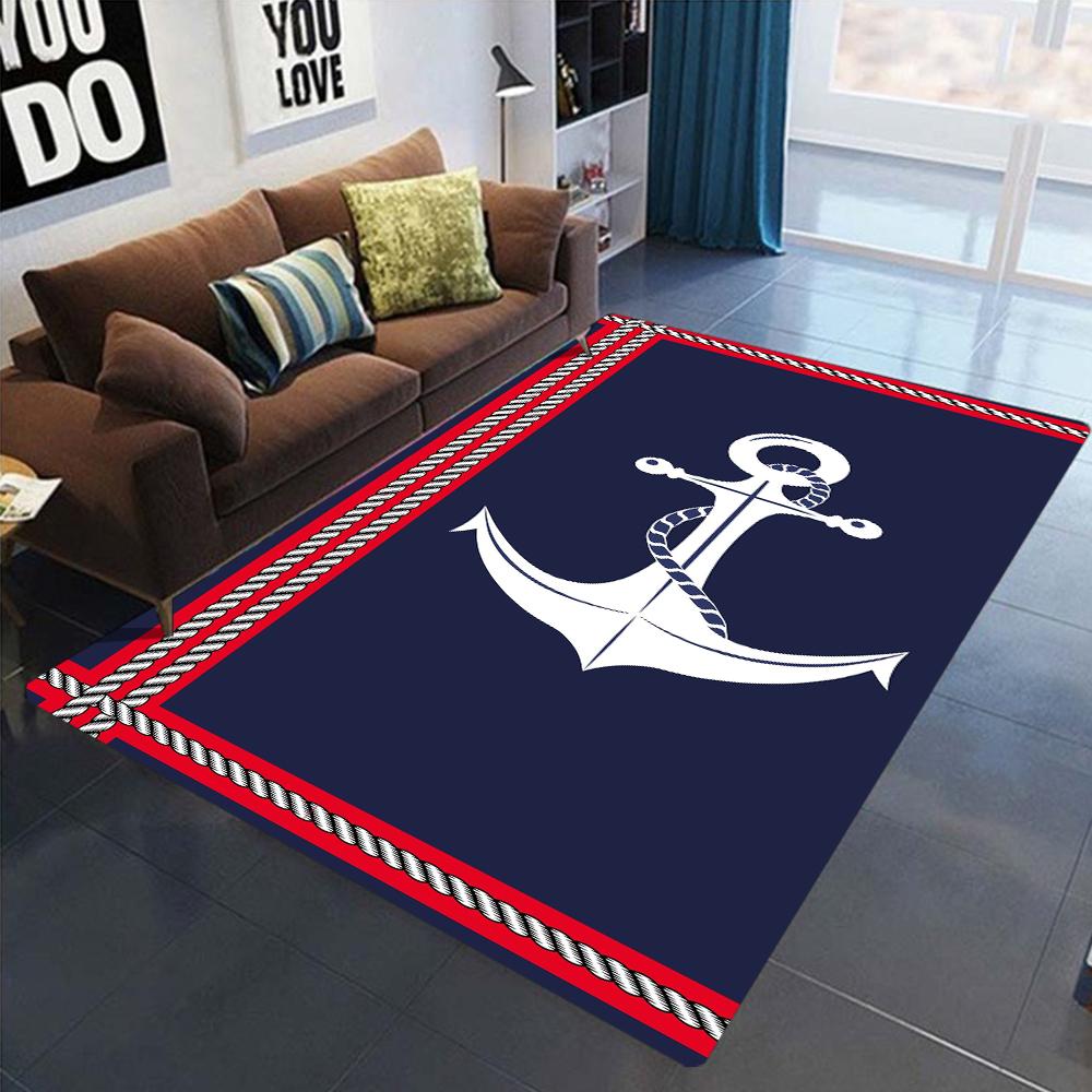 Nautical Theme Floor Mat, Various Marine Patterns Like Anchor Ship Wheel and Lighthouse Home Decor Non Slip Carpet