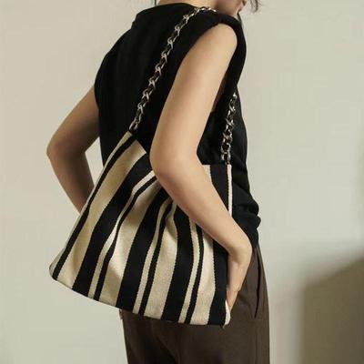 Casual Cloth Bags For Women Luxury Designer Handbags Purses Canvas Striped Chain Strap Underarm Shoulder Bag CLE