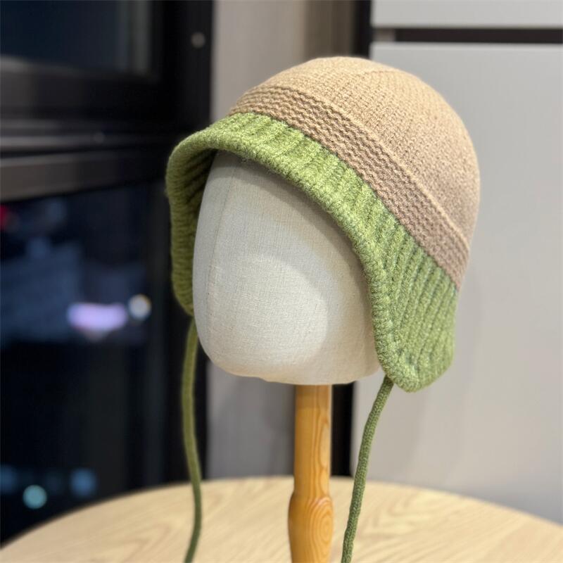 Color matching casual warm knitted hat women's big head circumference shows the face small autumn and winter windproof versatile ear protection hat