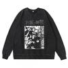 Dark Washed Vintage Anime Print Streetwear Hoodie Men - Retro Black Cotton Crewneck Sweatshirt Fall Casual Wear