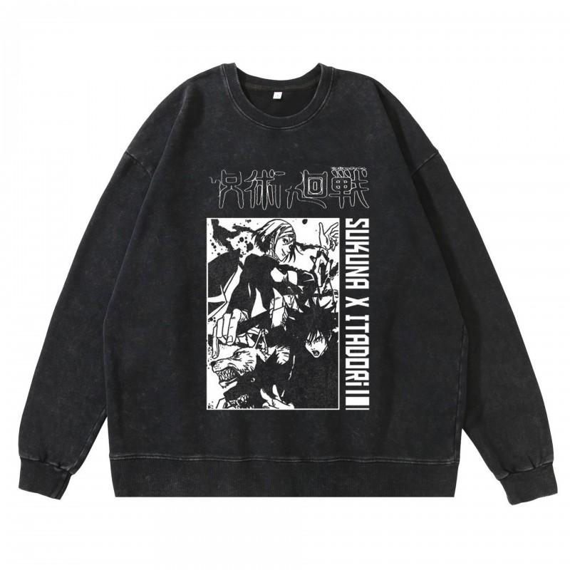 Dark Washed Vintage Anime Print Streetwear Hoodie Men - Retro Black Cotton Crewneck Sweatshirt Fall Casual Wear