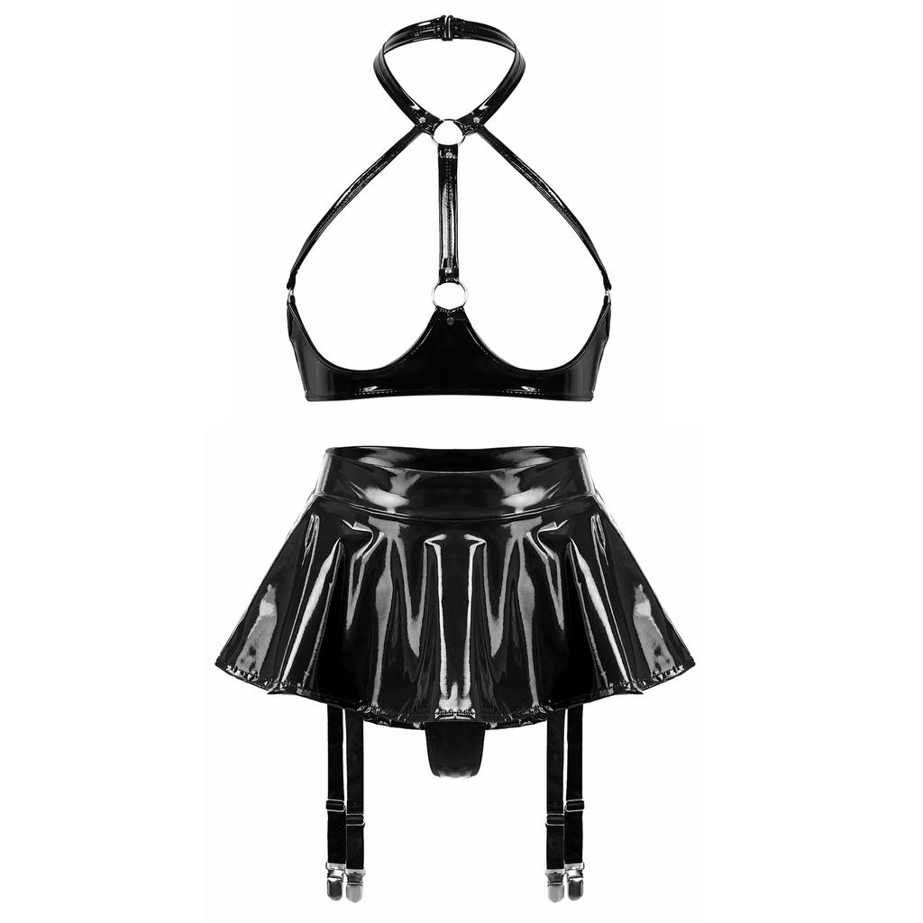 Women Shiny Leather Lingerie Set Cupless Bra Top with Ruffle Built-in Thongs Garter Mini Skirt for Party Clubwear Sexy Outfits