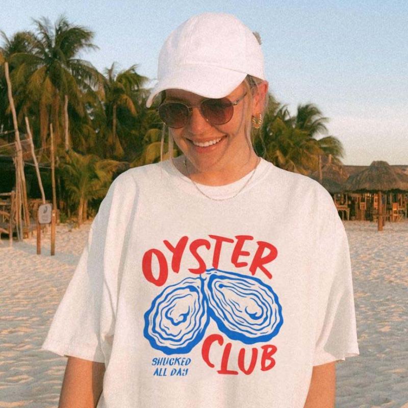 Oyster Club Seaside Vacation Pattern Womens Top TShirt Short Sleeve Style Cartoon Fun Printed Fashion Summer Travel TShirt S