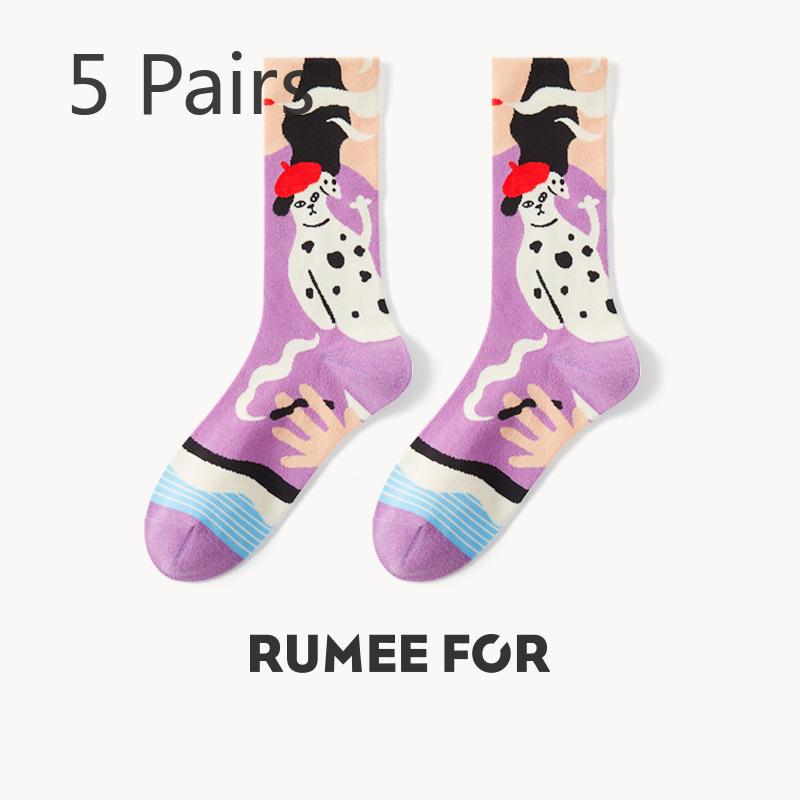 5 Pairs of Female Spring and Autumn Fashion New Sweat Absorbing Dopamine Tube Cotton Socks