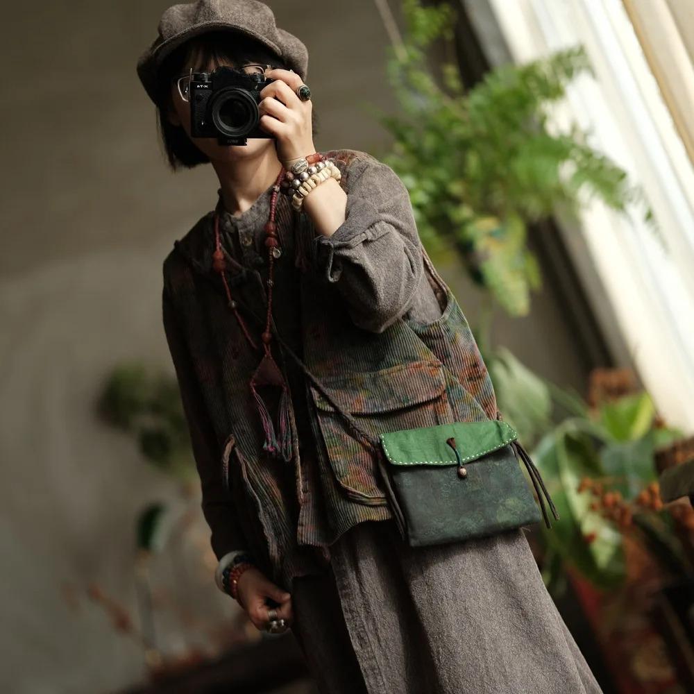 Johnature Vintage Women Coats V-Neck Sleeveless Print Floral Button Patchwork Pockets Autumn Coats