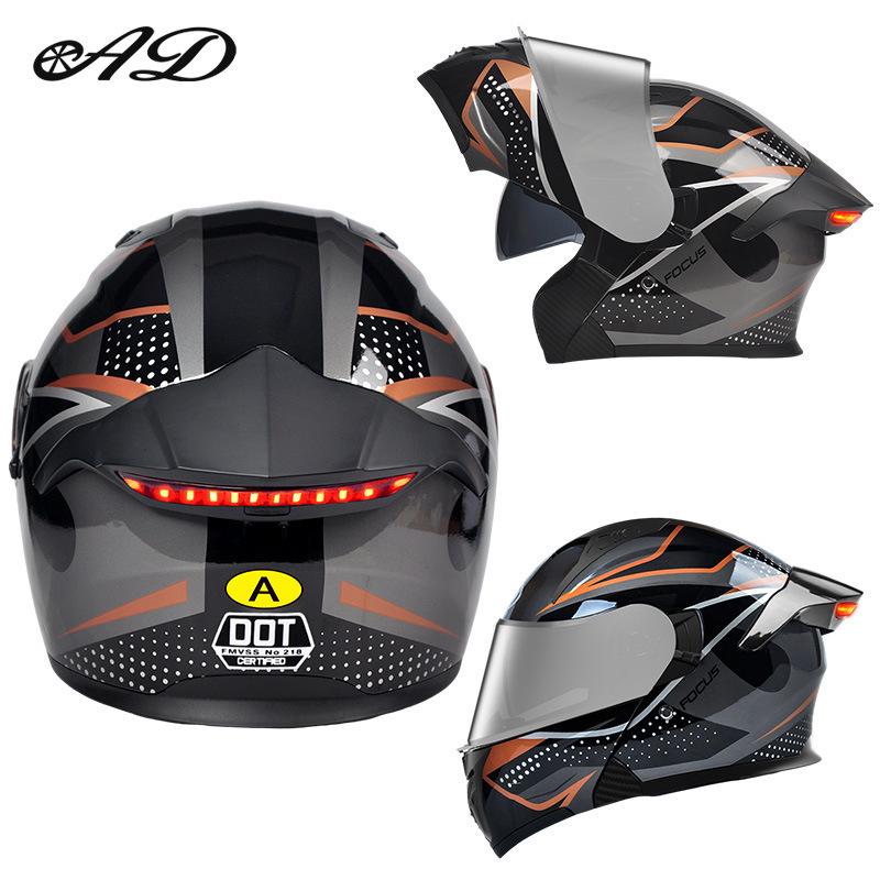 Unisex Full Face Flip-Up Motorcycle Helmet with LED Taillight, All-Season, 3C/DOT Certified