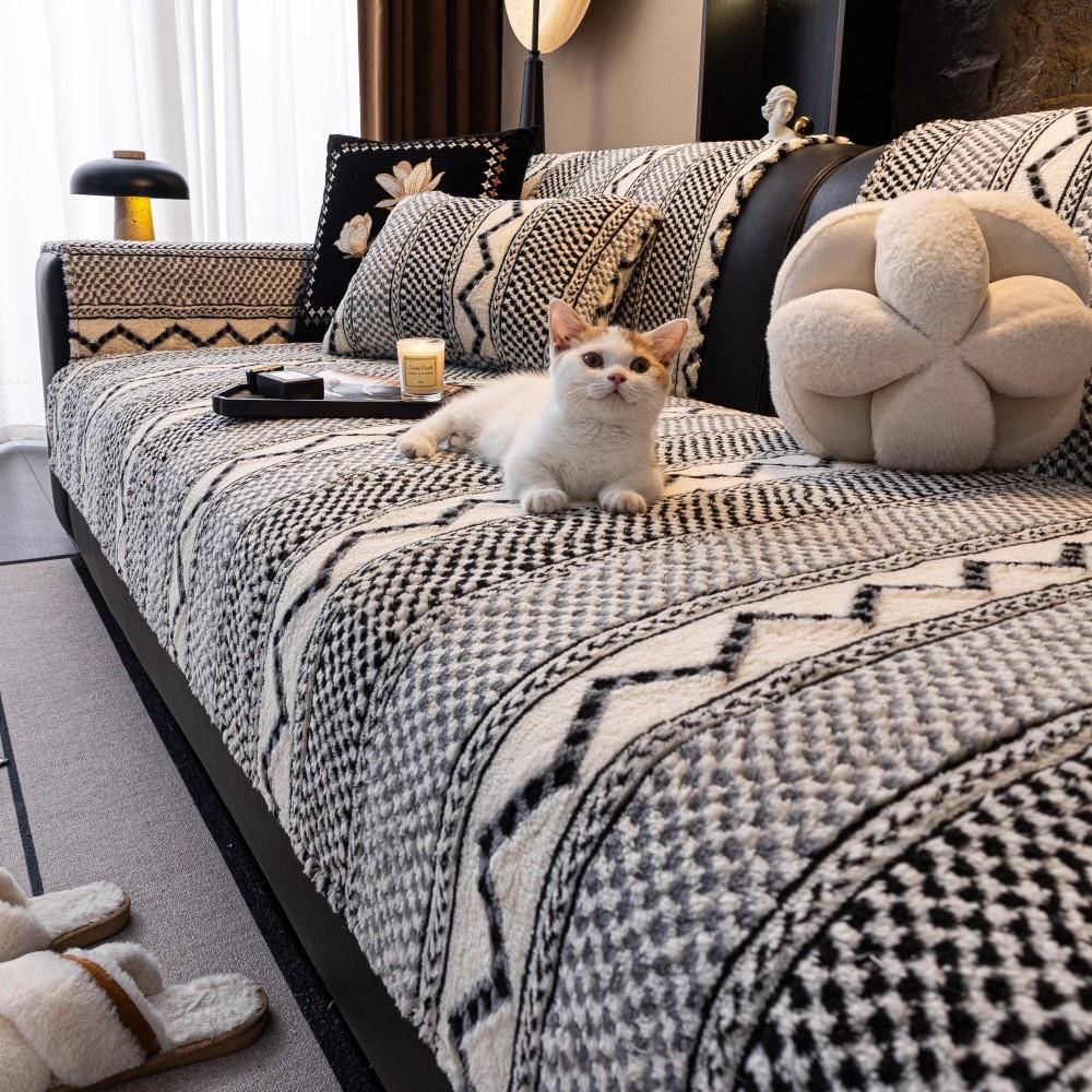 Coral Fleece Sofa Cushion One-Piece Non-Slip Washable Seat Pad Leather Couch Premium Striped Sofa Cover Cushion Sofa Armrest