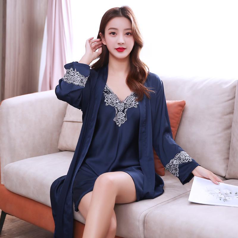2024 Spring/Summer Women s Silk Pajama Set: Sexy Camisole & Thin Ice Silk Nightgown with Korean Style Robe M
