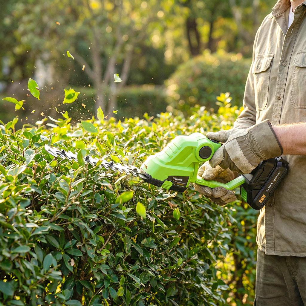 2-in-1 Cordless Hedge Trimmer Electric Hedge & Shrub Shears with 20/10cm Cutting Length, Charger