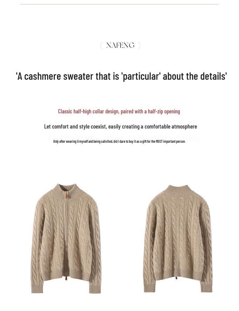 Women's Cashmere Knit Base Layer: Korean Style, Semi-High Neck, Long Sleeves, Half-Zip, Full Body Cable Knit Design. Fashionable & Versatile.