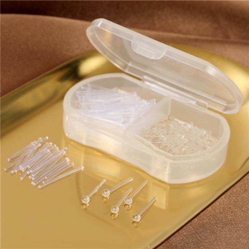 Transparent Ear Piercing Studs with Backs, 2-Compartment Box for Healing Women’s Earrings, Plastic Sticks