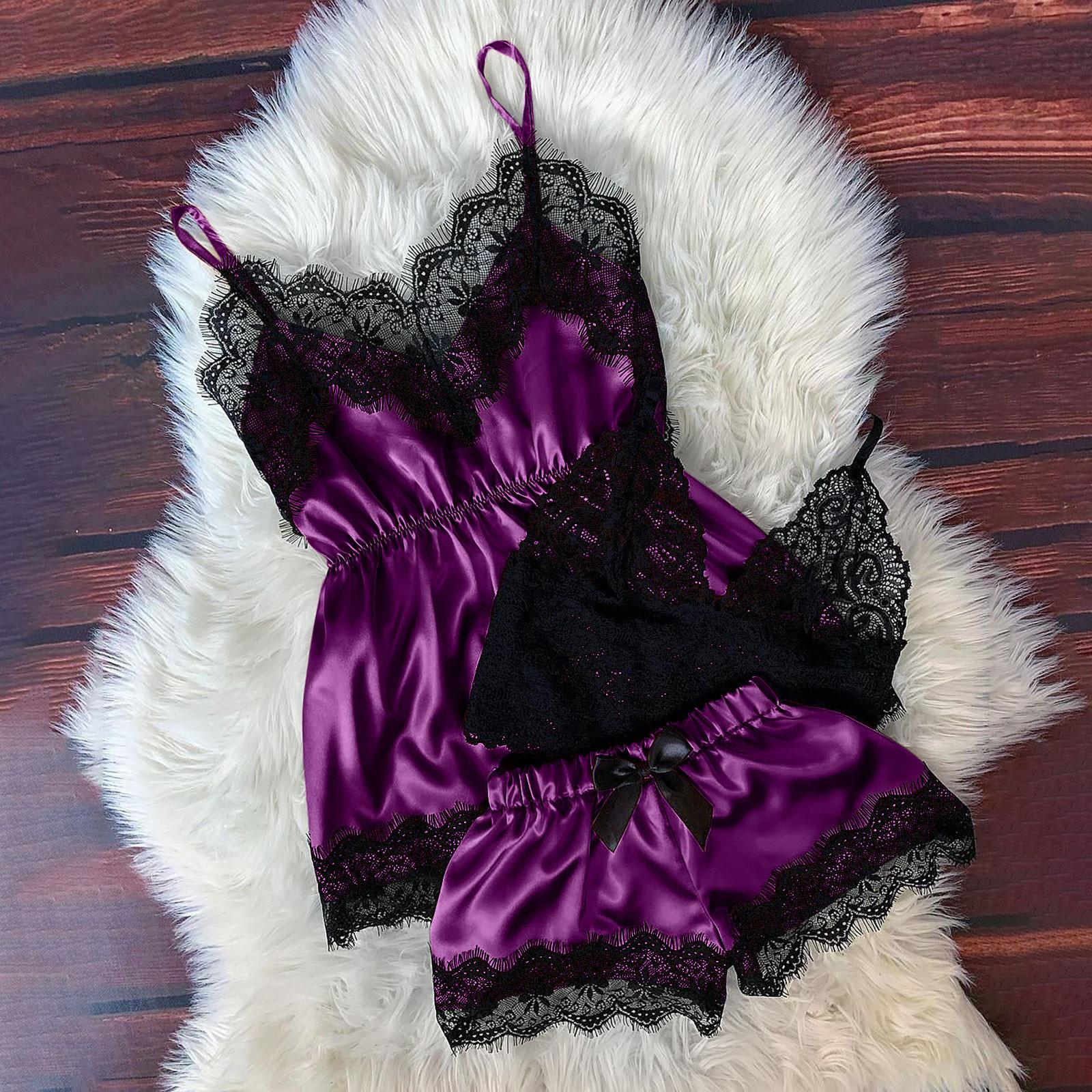 

Женщины v-образным вырезом ресницы кружева сексуальные пятна камзол пижамы бантом шорты набор XXXL фиолетовый