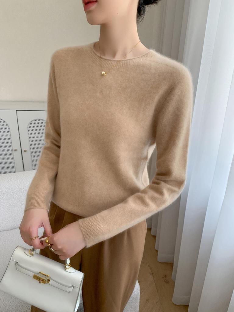 Women's Solid Color Cashmere Sweater - Rolled Hem, Round Neck, Long Sleeve, Loose Fit.