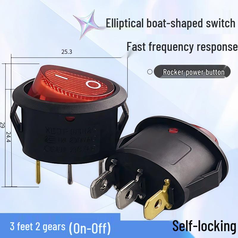 Red Oval Rocker Switch with Light, 3 Pins, 2 Gears, 6A/10A, Boat Type (KCD1)