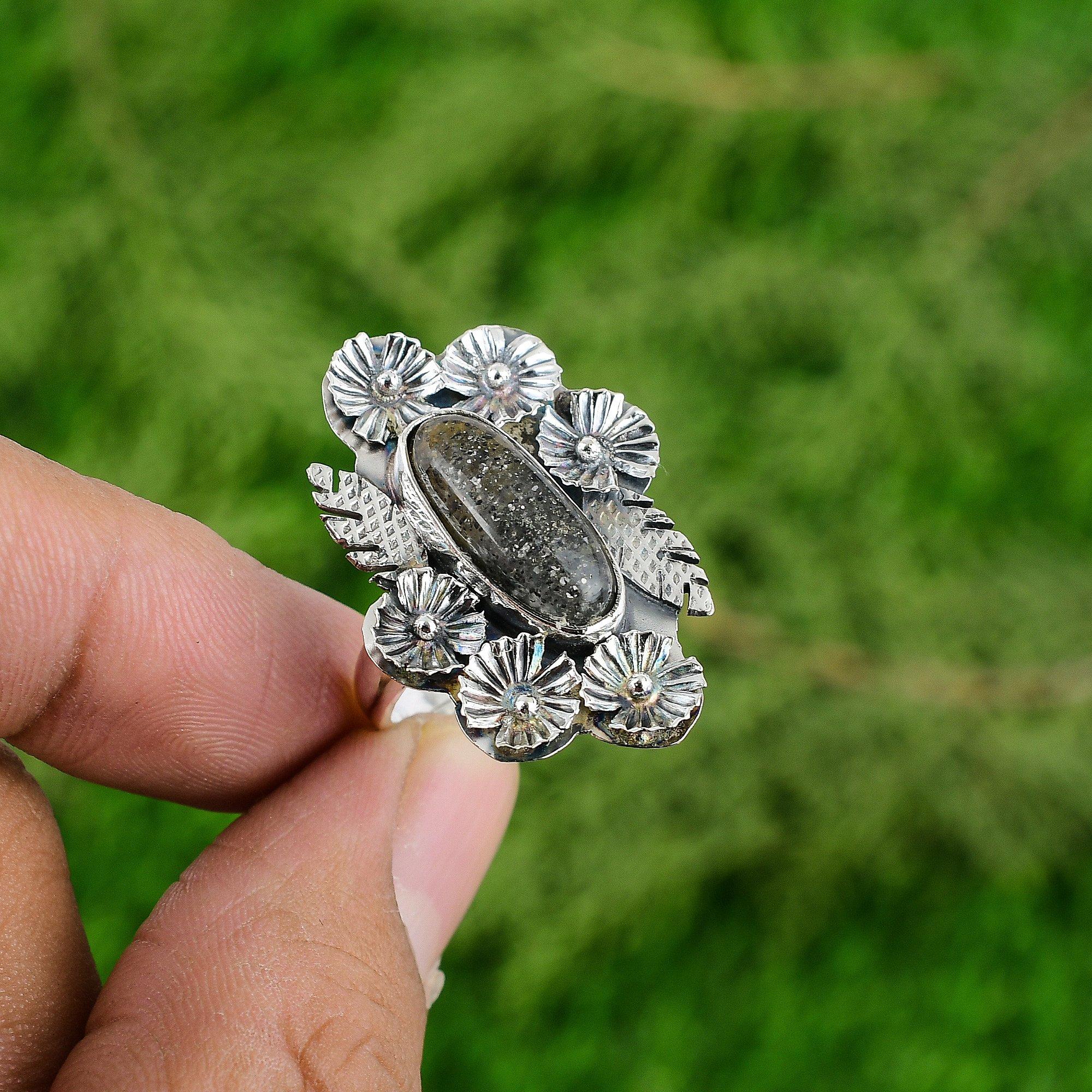 

Натуральный Черный Солнечный Камень Серебро 925 Пробы Солитер Кольцо-Цветок Регулируемое для Женщин Adjustable