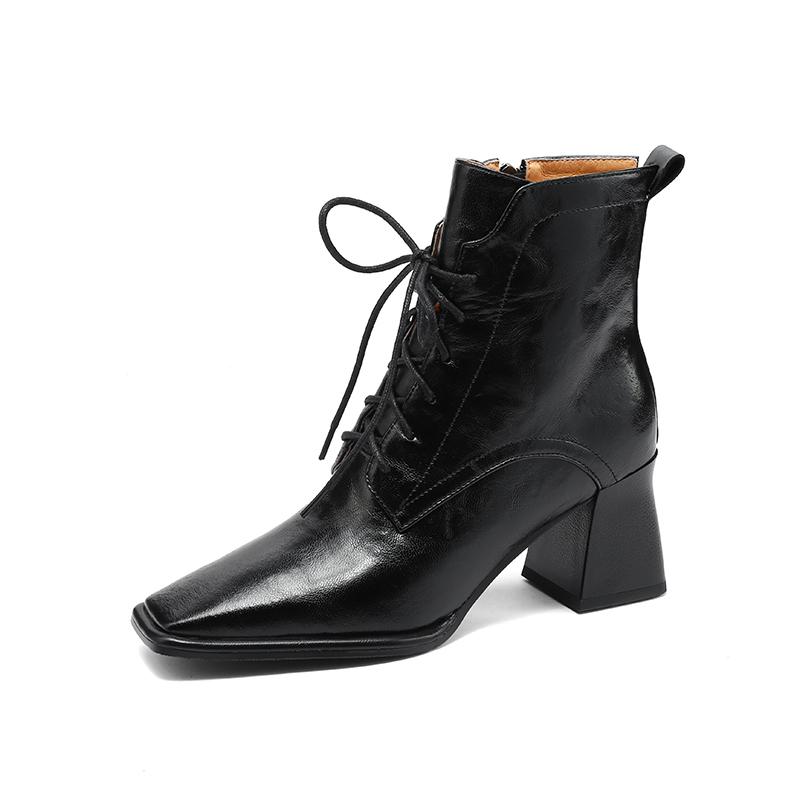 Mote Høst/Vinter Dame Støvletter Firkantet Tå Høy Hæl Sko for Kvinner Svarte Lærstøvletter Dame Snøring Håndlagde Sko Botas de mujer