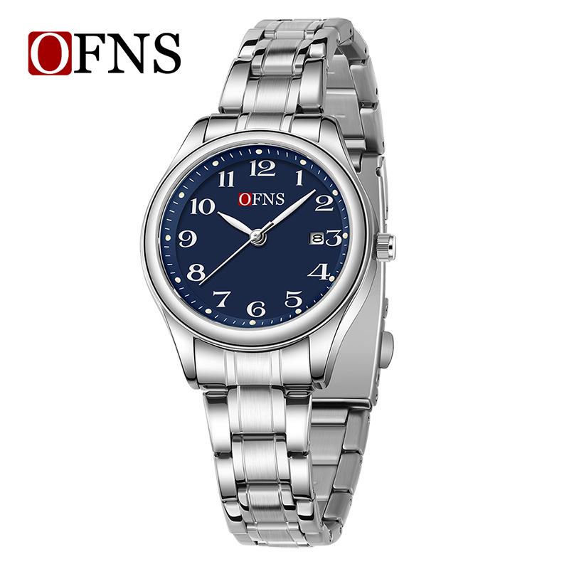 OFNS Couple's Wristwatch - Waterproof, Luminous, Quartz Watch with Steel or Leather Strap, Calendar Feature, for Casual or Business.