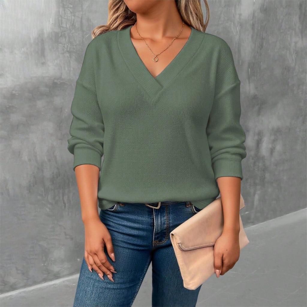 Women's Comfortable Loose Fashion Casual Solid Color V-Neck Long Sleeve Plus Size T-Shirt Top