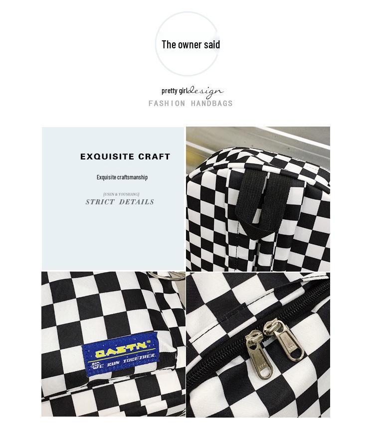 2018 Black & White Checkered Nylon Backpack – Casual Outdoor Women's Student Bookbag