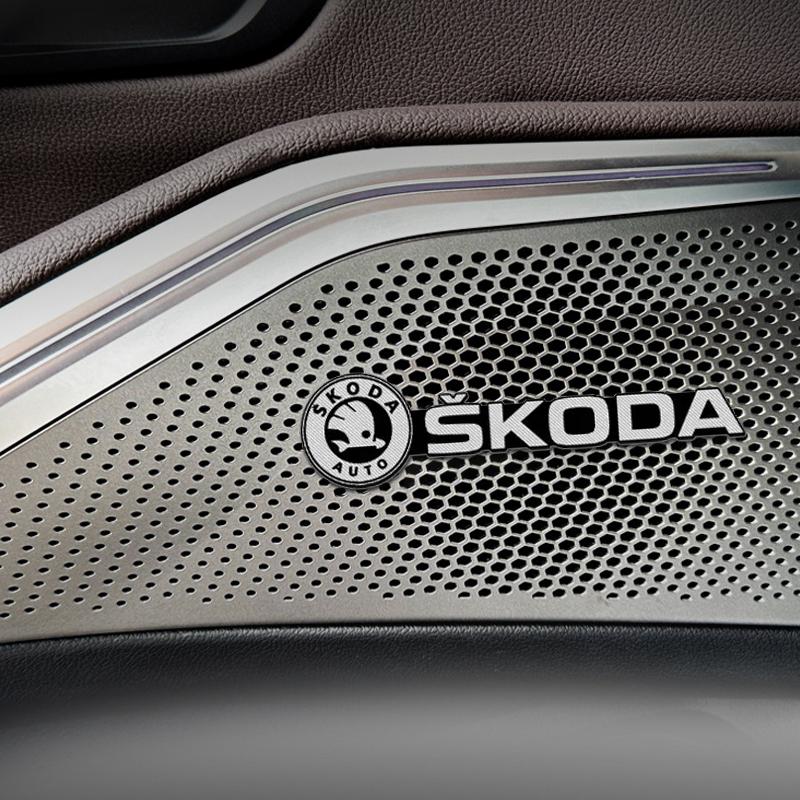 FGD3 4pcs for Skoda Logo Fabia Superb Kamiq Kodiak Yeti Octavia Karoq RS Car Inner Speaker Decals Audio Sound Badge Stereo Sticker