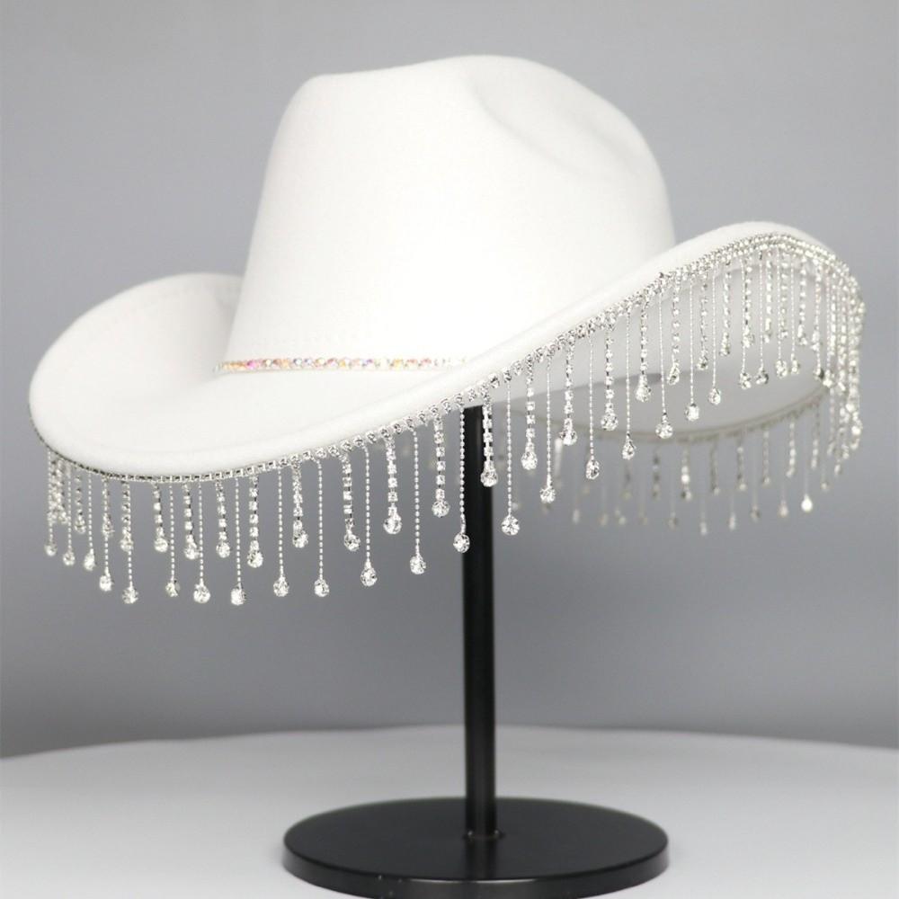 

Jazz Performance Western Cowboy Hat Versatile French Style Hat New Water Diamond Tassel Hat Men белый